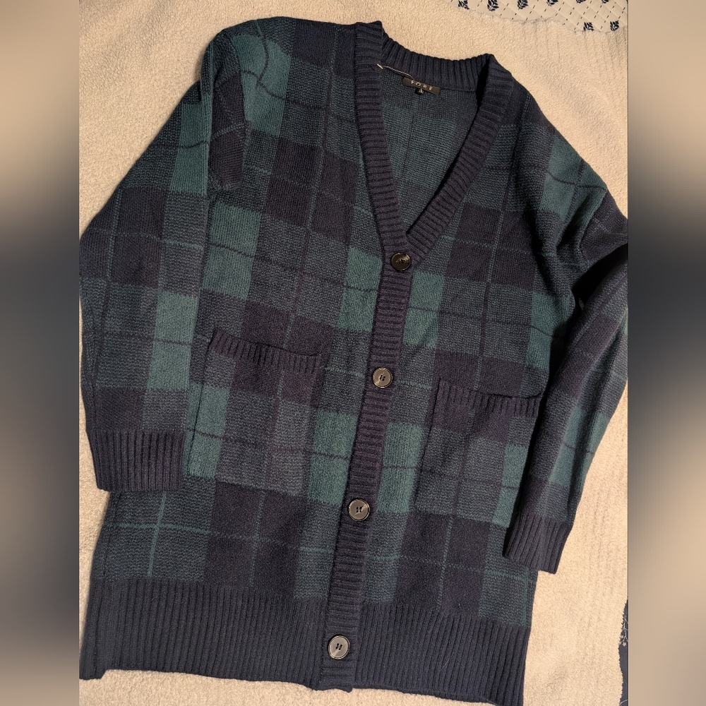 Women's Plaid Button-Front Cardigan Sweater in Navy and Green